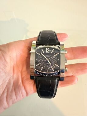 Authentic Bulgari Assioma Silver-Tone Case with Navy Leather Strap